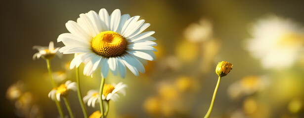 bright morning, daisy flowers on natural background, sun rays in the background, copy space for your text