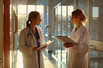 Two female doctors deliberating Diagnosis at Hospital. Generative AI