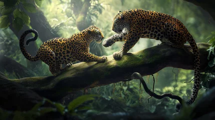 Fototapeten A lively treetop tango between an agile leopards, AI generated © Yavor