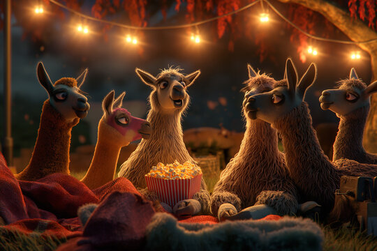 A group of llamas gathers for a movie night under the stars, complete with popcorn and blankets, AI generated