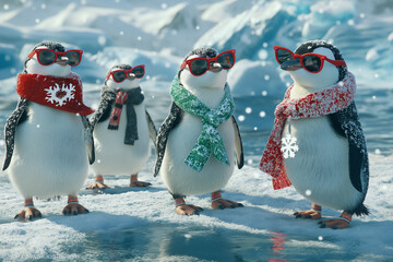 Penguins at the South Pole organize a fashion parade on the icy runway, AI generated - obrazy, fototapety, plakaty