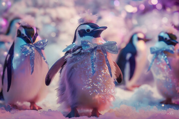 Penguins at the South Pole organize a fashion parade on the icy runway, AI generated - obrazy, fototapety, plakaty