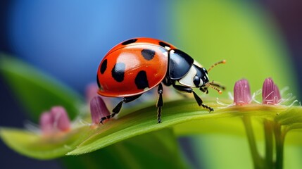 ladybug on green leaf in nature or in the garden. Wildlife Concept with Copy Space. 