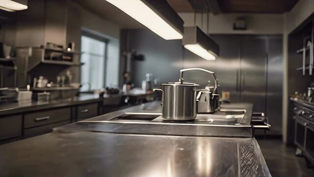 Design of a professional kitchen for a restaurant or cafe. Metal table. Kitchen equipment for catering. Cooking space.