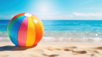 Obraz premium Colorful beach ball on the summer beach. Sunny vacation horizontal banner with empty space