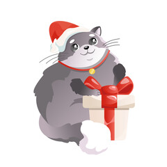 Cute fluffy cat in a Santa Claus hat with a gift box. Celebrating the Christmas season. Flat vector illustration