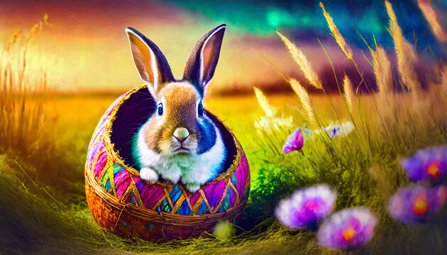 Easter cute bunny sitting inside of decorated egg and looking front on field with basket