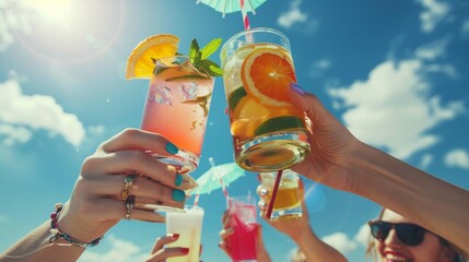 young friends toasting with refreshing drinks under blue sky on summer day - Powered by Adobe