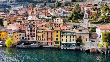 Fototapeta na wymiar Aerial view of Italian town by the lake