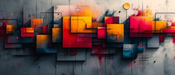 Abstract Painting of Red and Yellow Squares