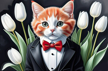abstract portrait of a red ginger kitten wearing a tuxedo and bow tie, white tulip flowers in the background