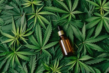 Cosmetic bottle of CBD or CBN oil on background of idealistic cannabis leaves. Marijuana background fill texture with mockup of small pipette dropper bottle, top view - obrazy, fototapety, plakaty