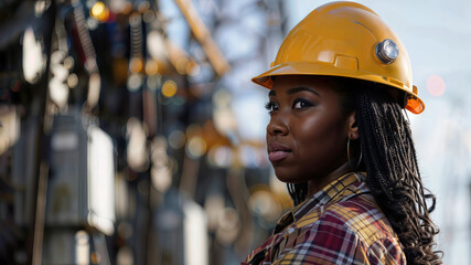 A Black woman wearing a yellow hard hat and a plaid shirt. She is standing in front of an industrial setting with various pipes and machinery in the background, appearing focused and professional.