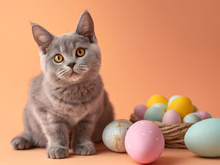 Fototapeta na wymiar Grey cat surrounded by colorful Easter eggs against a peach background.
