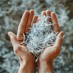 Human Hands Gently Holding Shredded Paper, Symbolizing Recycling, Waste Management, and the Importance of Secure Document Disposal.