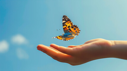 
A boy's hand tries to grab a colorful butterfly, the butterfly is a in a distance from the hand, view from below, clear blue sky - obrazy, fototapety, plakaty