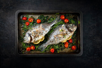 Two fresh steamed gilthead seabreams with tomatoes and lettuce served as top view in a rustic backing sheet
