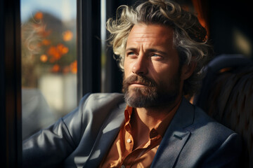 Obraz premium A contemplative man gazing out the window, his furrowed brow and solemn expression reflecting the weight of financial woes, and business bankruptcy.
