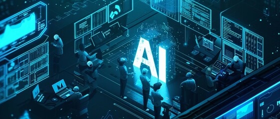 an isometric scene where the letters AI serve as the central command in a high-tech AI control center. the management and control aspects of artificial intelligence .
 - obrazy, fototapety, plakaty