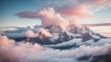 Clouds dance around the peaks like wisps of cotton candy, creating a surreal dreamscape in the heart of the mountainous wilderness.