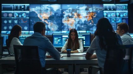 Diverse Team of Emergency Managers Monitoring Screens at Table. Generative AI