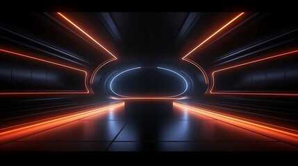 An illustration in 3D rendering portrays a sci-fi futuristic asphalt tunnel corridor with neon glowing arcs, creating a dark and underground atmosphere.