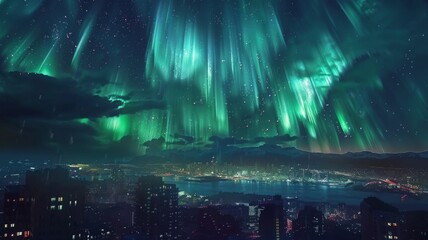 Cityscape with aurora borealis illuminating the sky - A rare and enchanting display of aurora borealis brilliantly transforms an urban nightscape into a celestial phenomenon