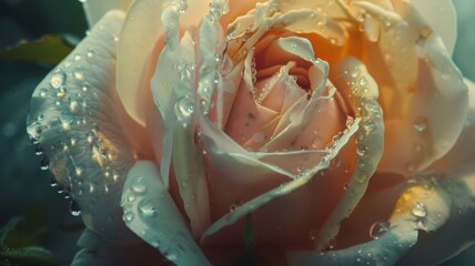 Close-up of a dew-covered rose in bloom - This image captures the delicate details of water droplets adorning the soft petals of a blooming rose, highlighting nature's intricate beauty