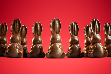 Exquisite Chocolate Easter Bunnies Lined Up on Bold Red Background