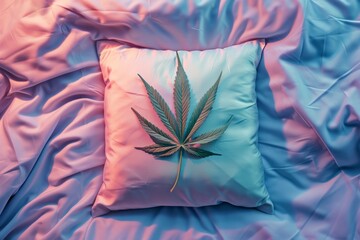 Cannabis leaf lying on pillow. CBD, CBN concept. Medicinal marijuana for relaxation and healthy sleep. Aesthetic pastel colors background