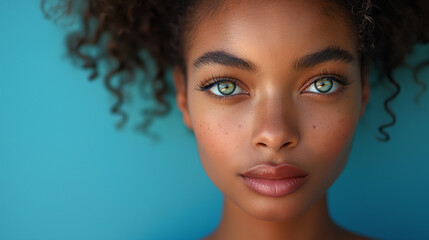 Natural woman beauty concept. Blue eyed black young woman with curly hair on blue background Selective focus. Copy space.