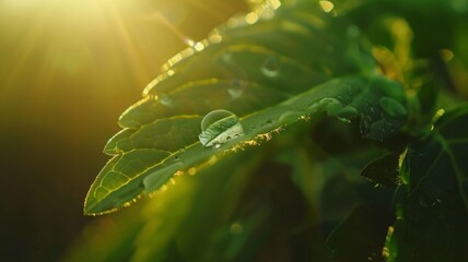 Golden hour dew on green foliage - Warm golden rays highlight the beauty of nature as delicate dew gathers on green foliage during dawn