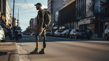 A man with  prosthetic leg standing on street 