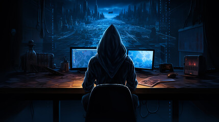 Hacker with computers in dark room. Cyber crime - obrazy, fototapety, plakaty