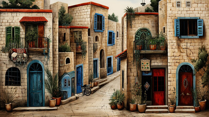 Fototapeta na wymiar Beautiful colorful houses in the old town with blue doors and windows. Naive art style storybook illustration.