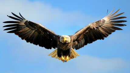 Naklejka premium Spread wings of an eagle in a clear sky - An iconic, full-spread view of an eagle soaring gracefully against a clear blue sky backdrop