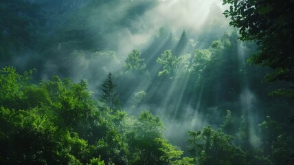 Fototapeta na wymiar Sunlight filtering through dense forest canopy - A breathtaking view capturing rays of sunlight streaming through the dense foliage of a vibrant forest