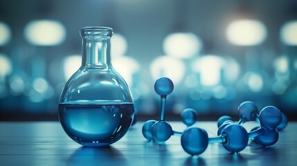 Glass Bottle With Liquid Next to Group of Blue Balls. Generative AI