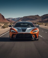 sports car, orange, standing on the road among a desert landscape. Front view, Postcards, wallpapers, backgrounds, auto repair shop - obrazy, fototapety, plakaty