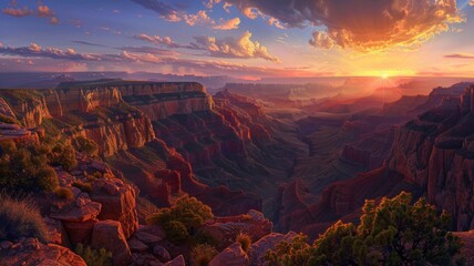 Sunrise over the Grand Canyon showing vibrant colors - The sun casts a warm glow over the Grand Canyon, illuminating its red rocks and deep crevices with vibrant hues