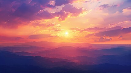 Fototapeta premium Breathtaking sunset over mountain layers - The image captures a stunning sunset glimmering through layers of mountains, creating a serene atmosphere