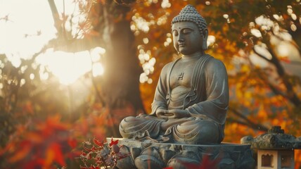 Buddha statue amidst autumn leaves - Illuminated Buddha statue in a tranquil setting, surrounded by the vibrant colors of autumn leaves