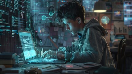 Man Working on Laptop Computer. Generative AI