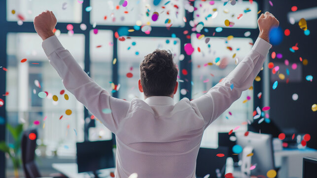 Man standing, back to camera, raising both arms in victory or celebration gesture. Multicolour confetti falls from the ceiling. Celebrating Success, Join Our Winning Team Triumph in the office