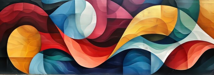 Vibrant abstract mural with undulating waves of warm and cool colors.