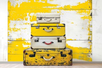 luggage different 3 sizes, on basic luggage store, store wall painting yellow-white