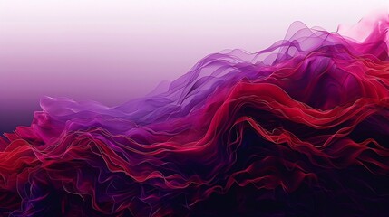 A minimalist art piece with a corner of deep purple to light red waves transitioning to a plain background of color #fffbfc for text space. Created Using: Crisp wave details, color to no-color gradien - obrazy, fototapety, plakaty