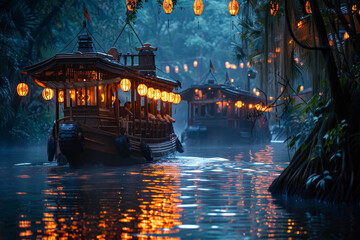 A riverboat drifts down a winding river. Its lanterns glow, reflecting in the water.