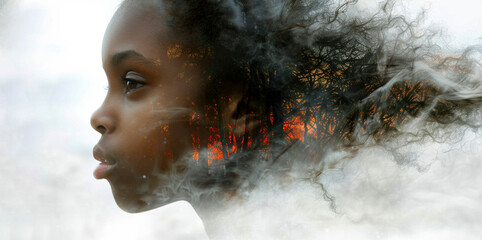Double effect of African little girl's face with forest fire on light background