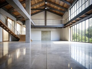 The simple cement floor contrasts with the loft architecture structure generative ai